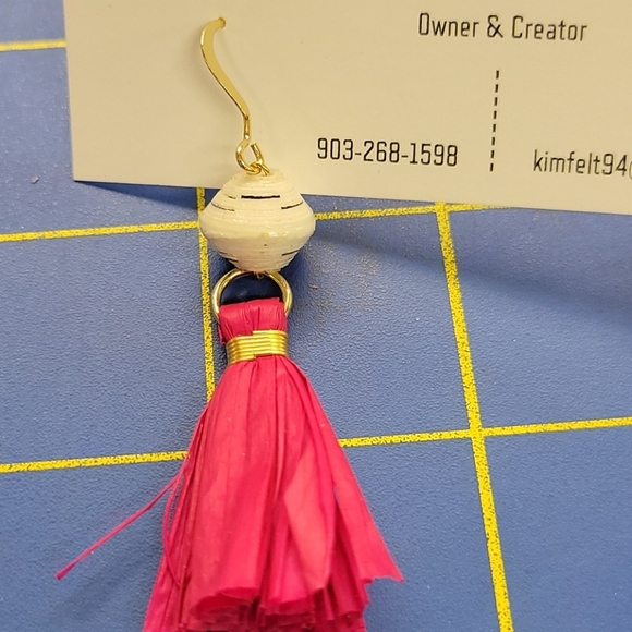 Tassel & Bead Pink & Gold Earrings 2" - Picture 2 of 4